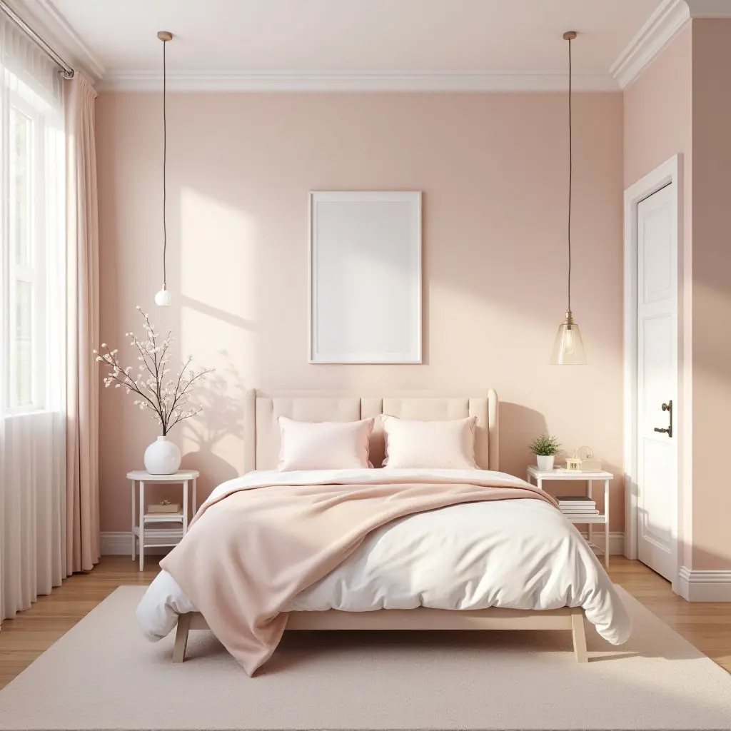 a photo of a chic girls' bedroom with elegant pastel colors and decor