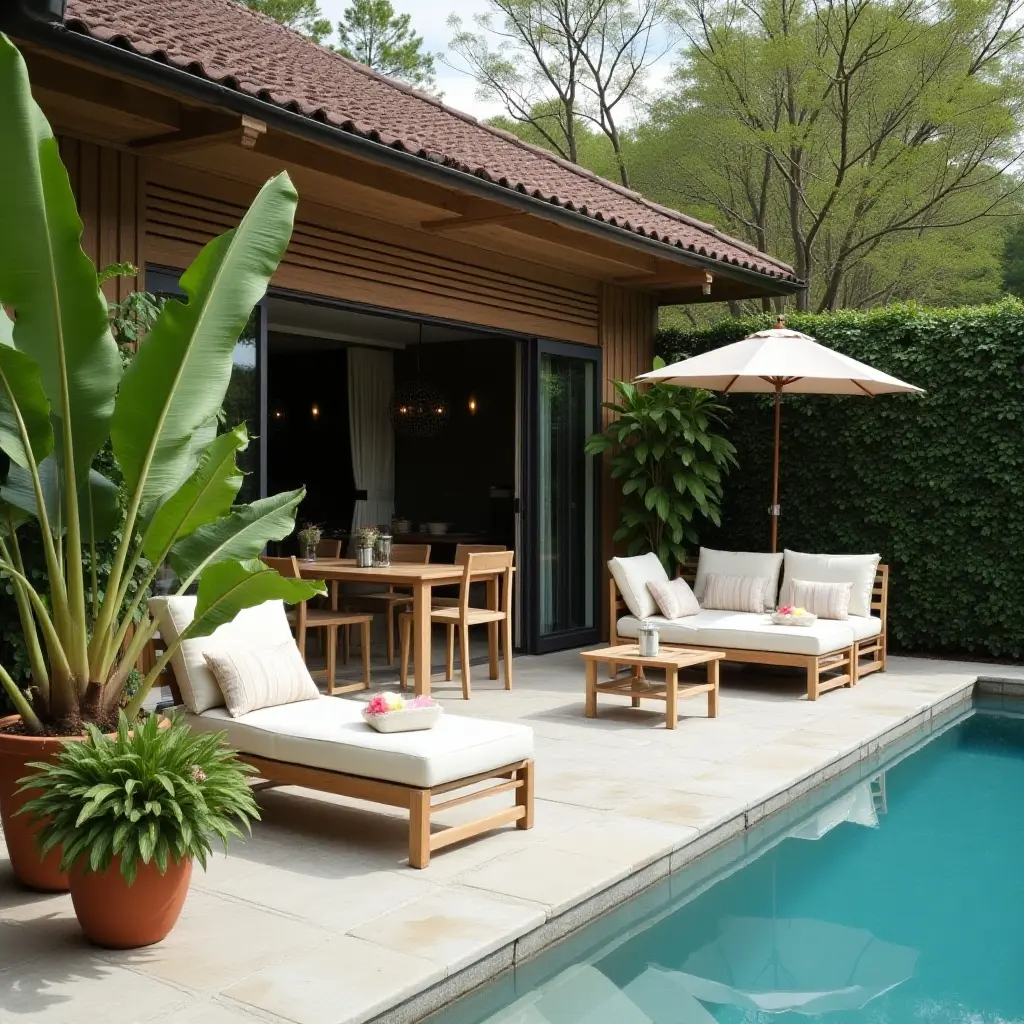 a photo of a comfortable poolside seating area with potted plants