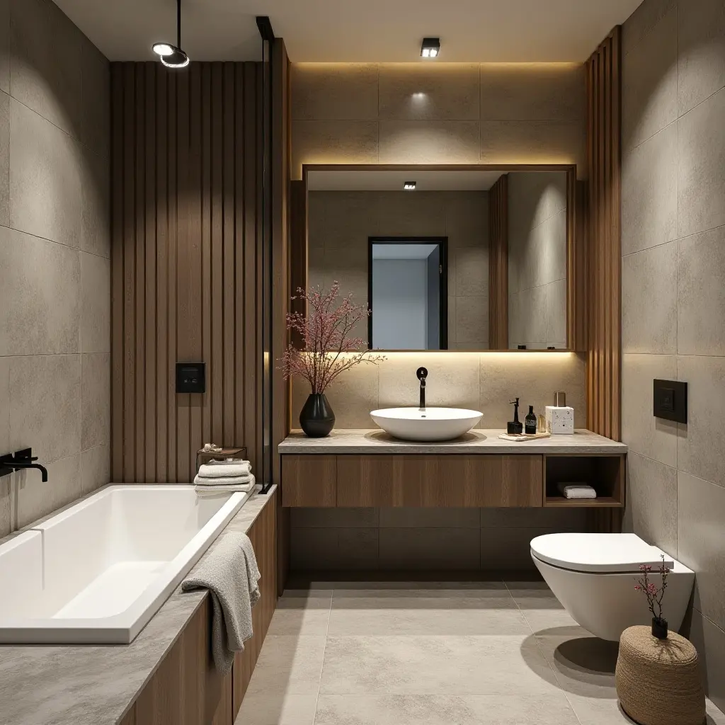 a photo of an eclectic bathroom design using various tile, wood, and metal textures