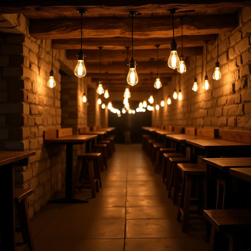 a photo of a rustic basement illuminated by vintage Edison bulbs