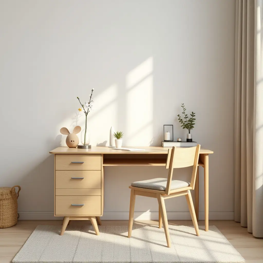 a photo of a stylish kids' room with a wooden desk and chair