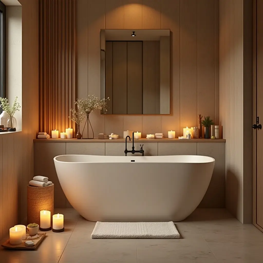 a photo of a spa-like Scandinavian bathroom with candles and soft lighting