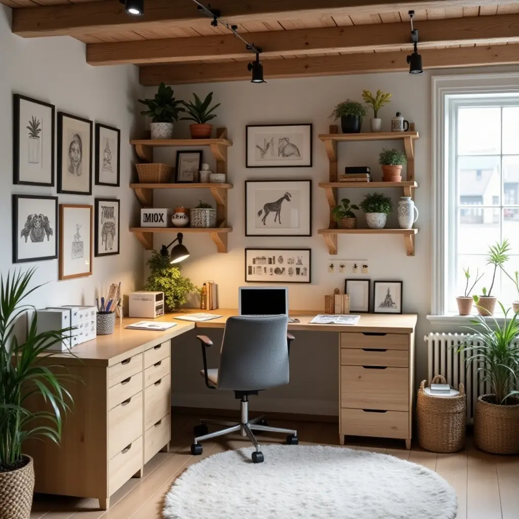 a photo of a chic basement craft corner with organized supplies
