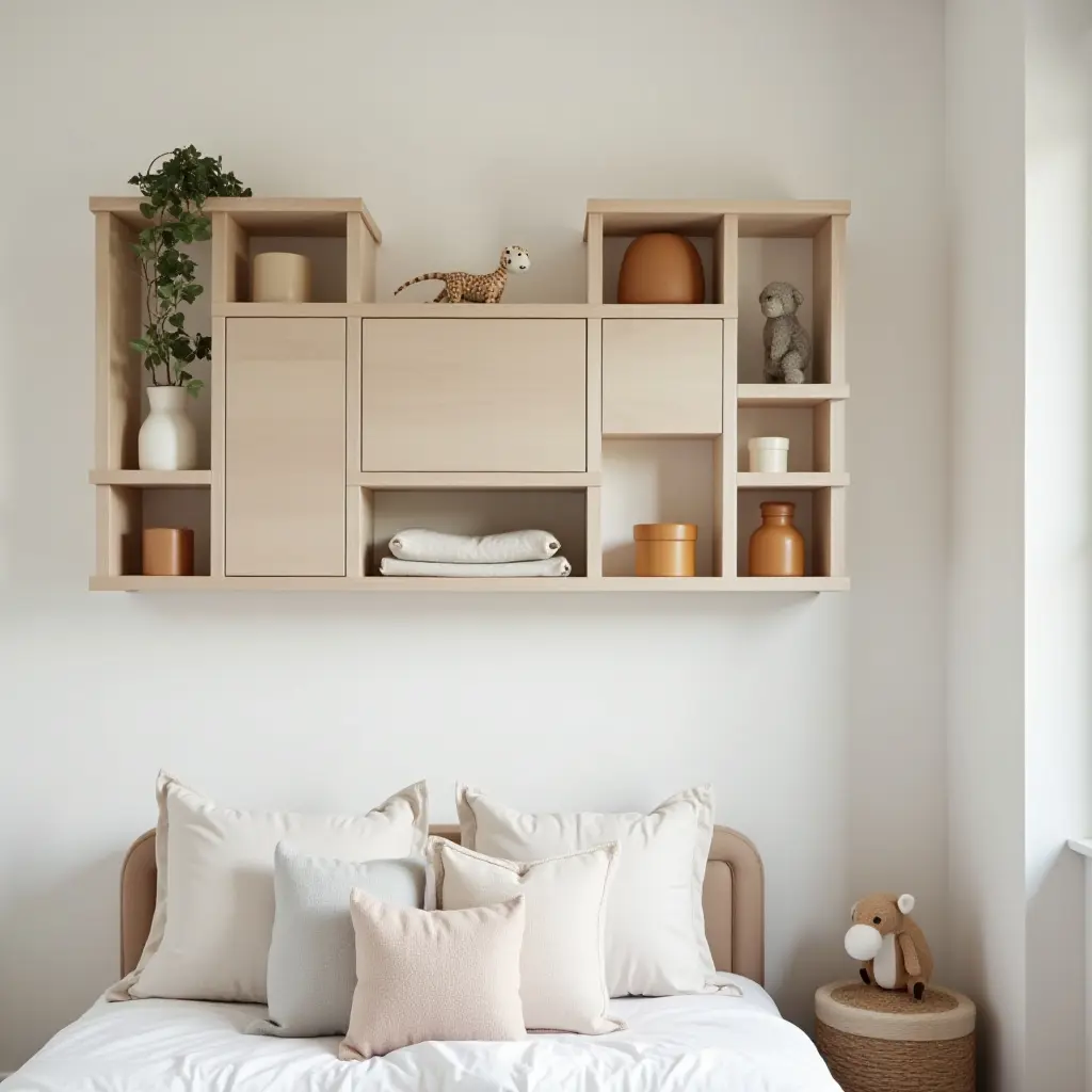 a photo of stylish wall-mounted shelves in a kids' bedroom