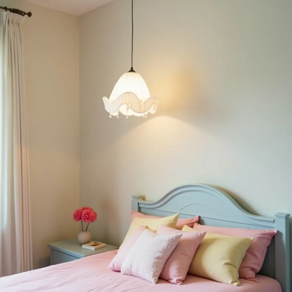 a photo of a whimsical pendant light in a child's bedroom with pastel decor