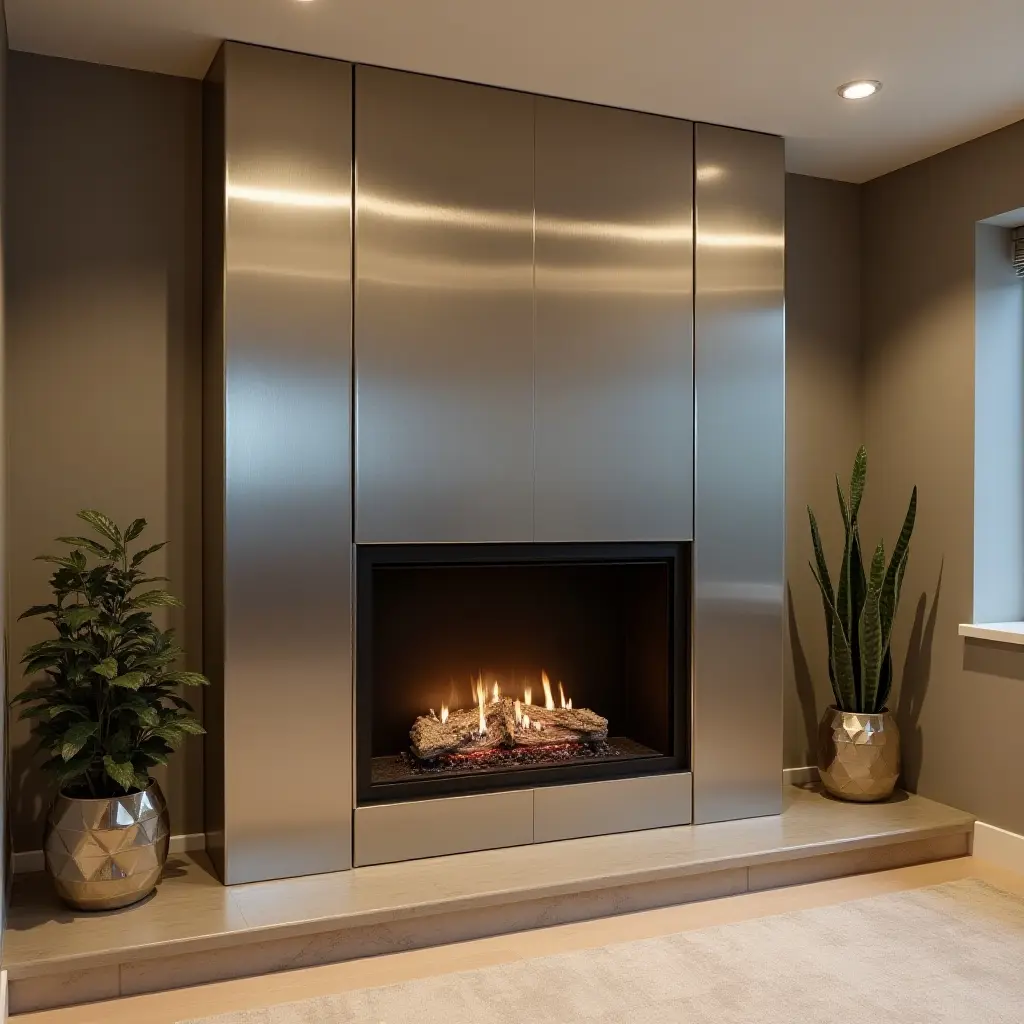 a photo of a basement with a metallic fireplace surround