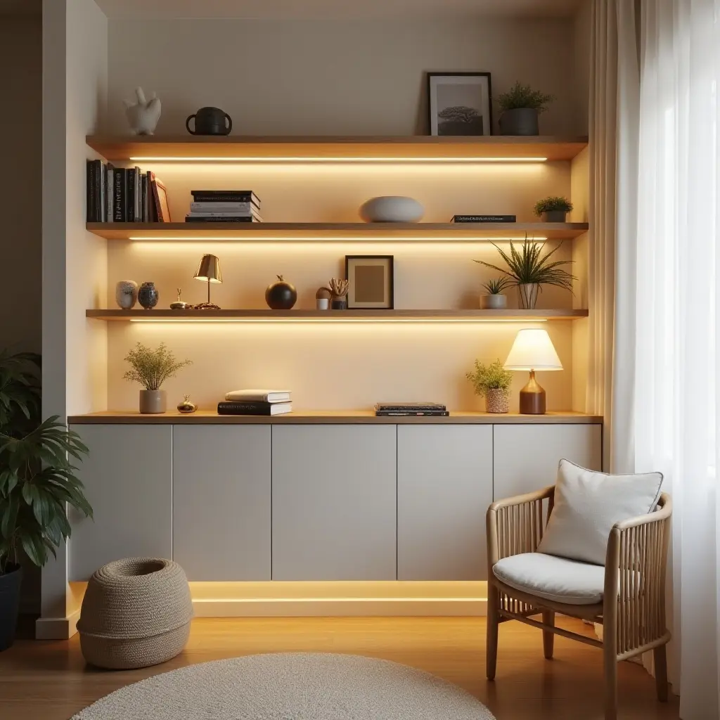a photo of a nursery shelf with integrated lighting for a cozy ambiance