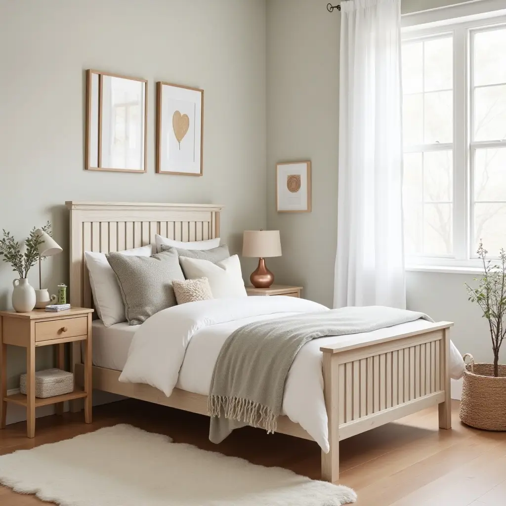 a photo of a cozy kids' room featuring a farmhouse-style bed and soft pillows