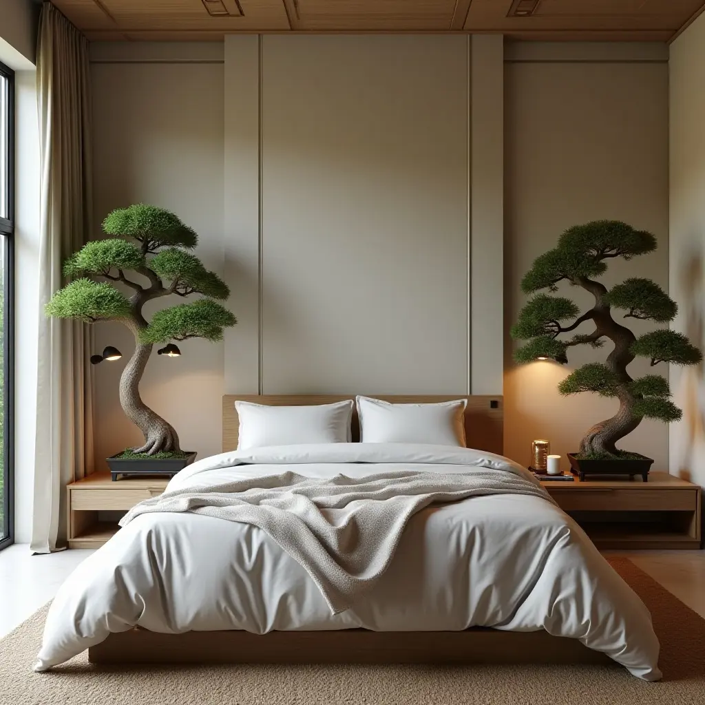 a photo of a zen-inspired bedroom with bonsai trees on display