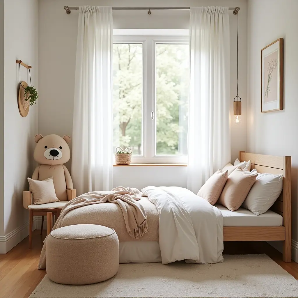 a photo of a bright kids' bedroom with layered bedding