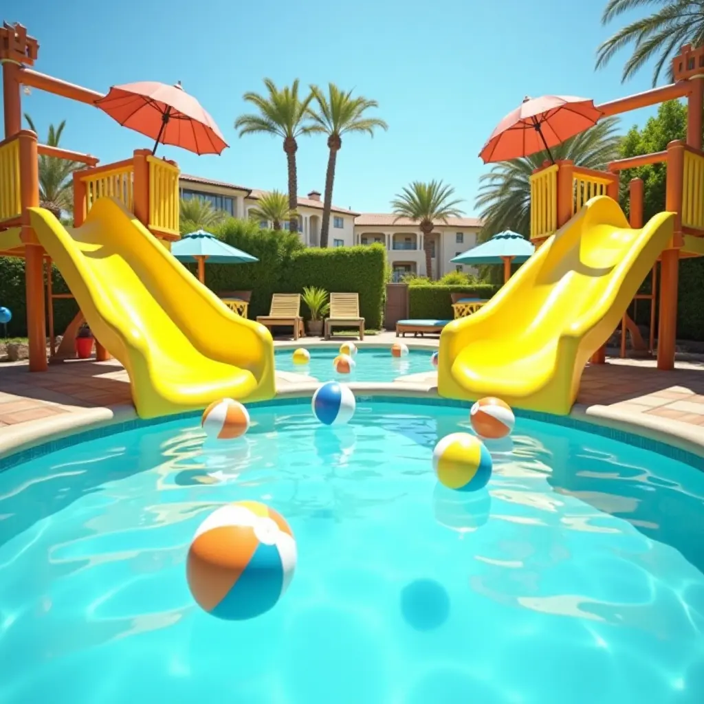 a photo of a fun kids' pool area with bright yellow slides and colorful beach balls