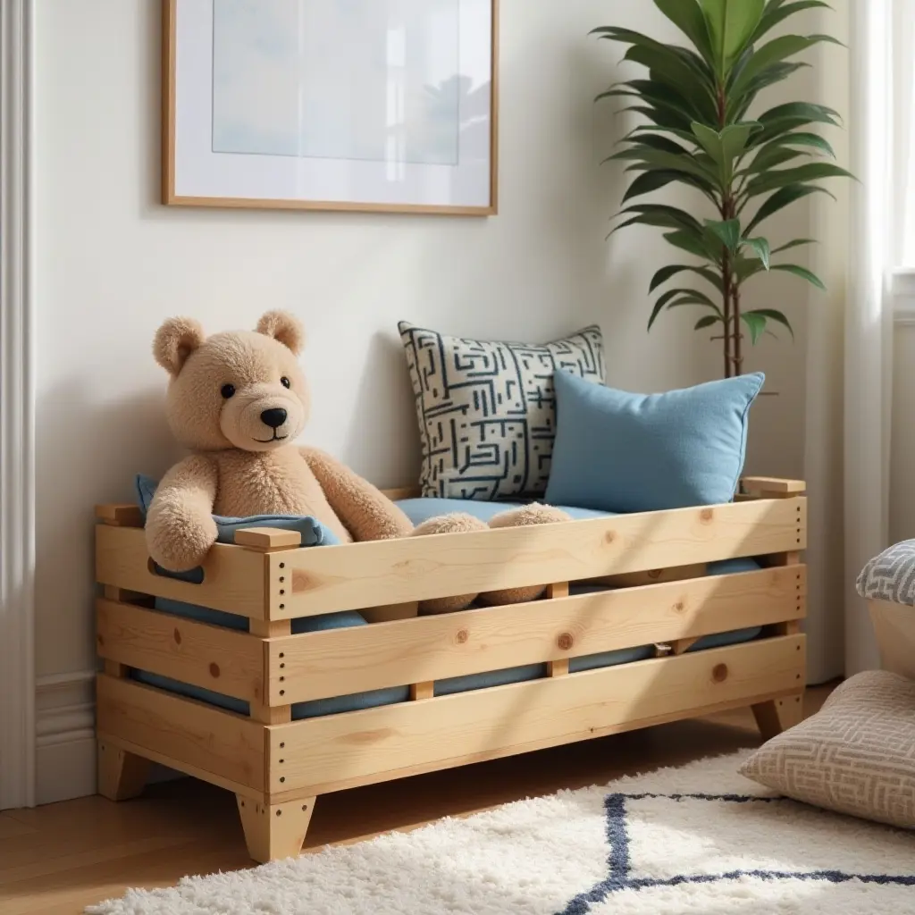 a photo of a wooden crate used for storage in a teen's room