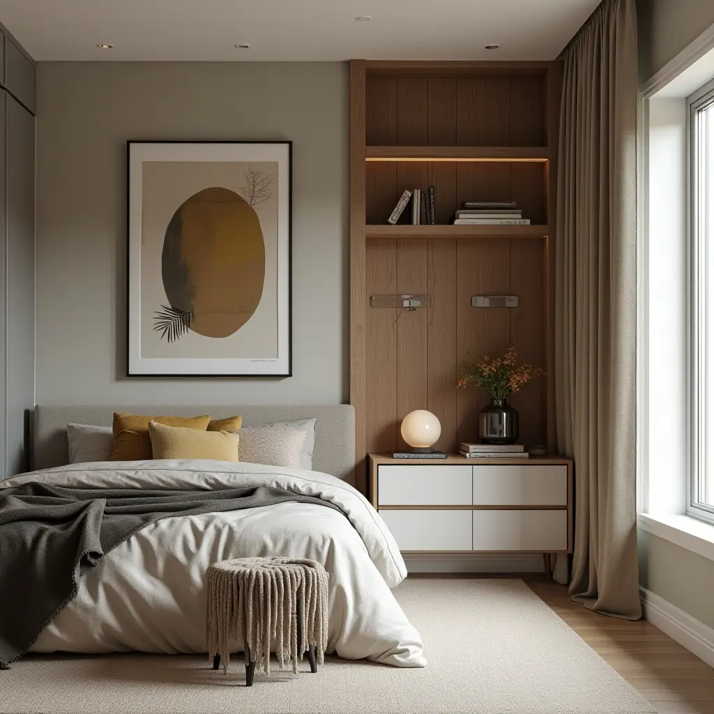 a photo of a personalized teen room showcasing fabric, wood, and metal interplay