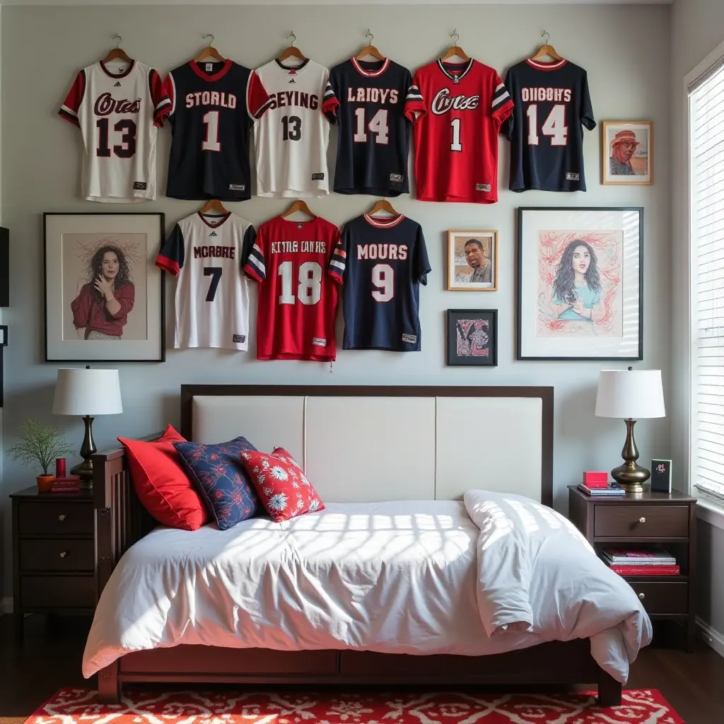 a photo of a sports-themed gallery wall with team jerseys and memorabilia in a sporty teen's room