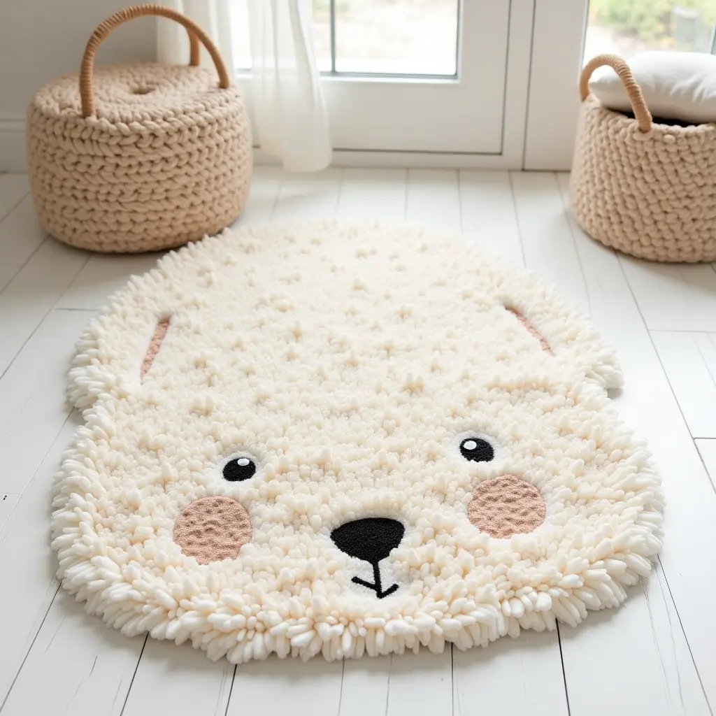 a photo of a soft, textured rug featuring cute animal faces for a nursery