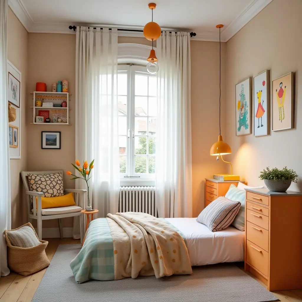 a photo of a whimsical kids' bedroom with colorful decor