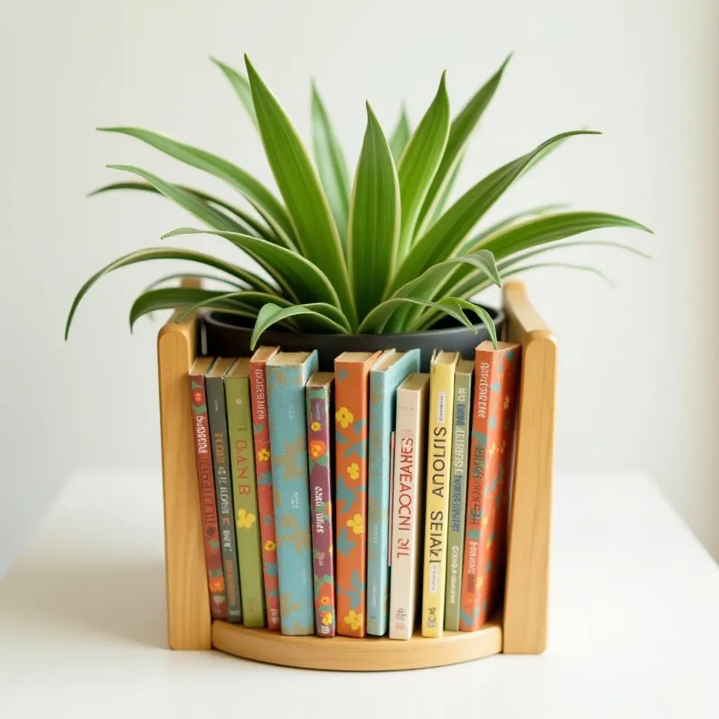 a photo of a whimsical plant stand for kids' books