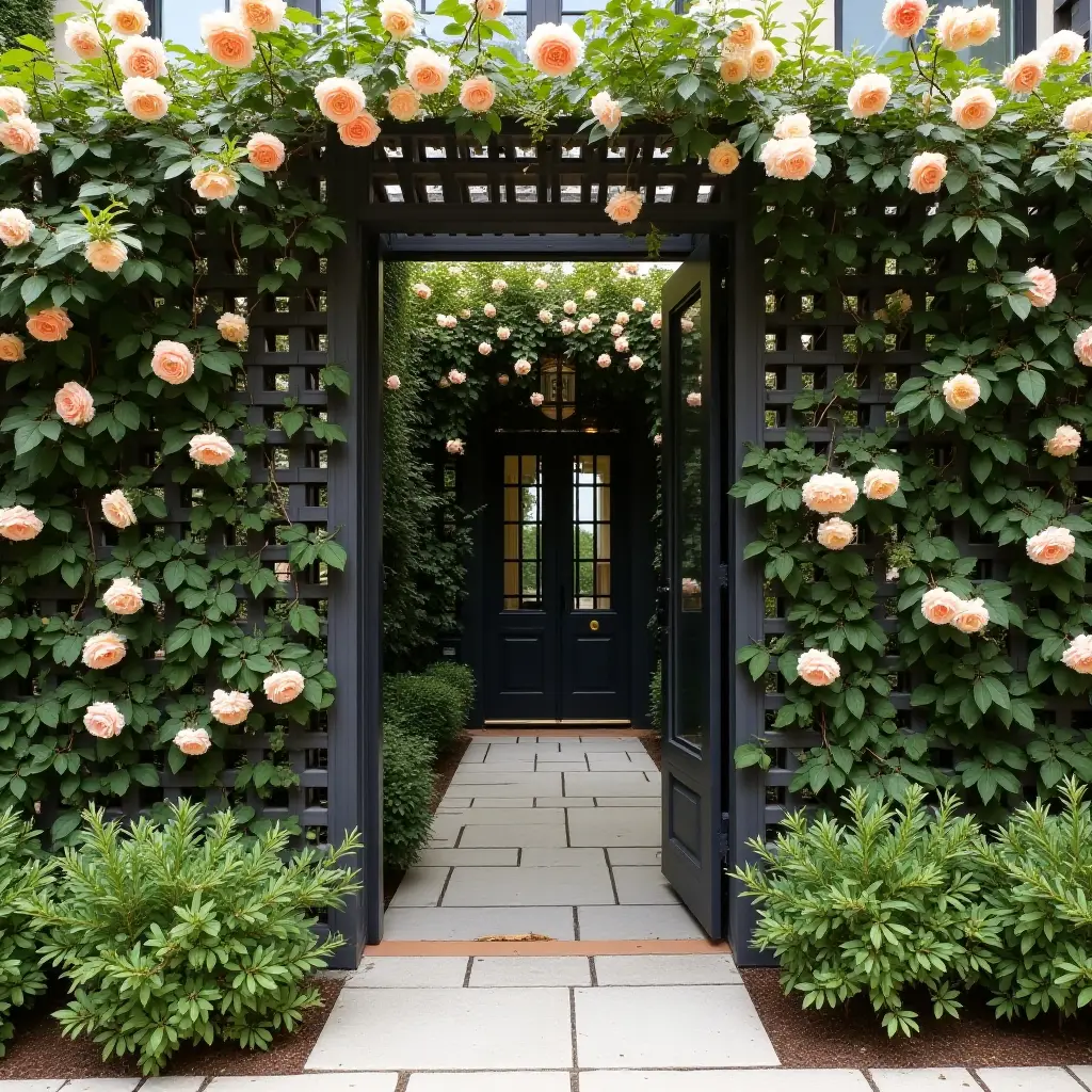 a photo of an elegant trellis wall with climbing roses in an entrance space