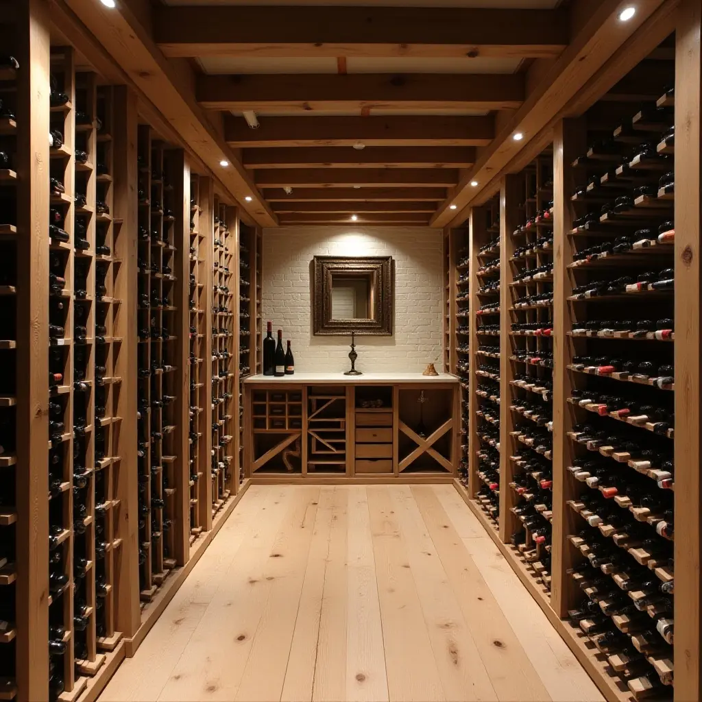 a photo of a basement wine cellar with rustic farmhouse charm and wooden racks