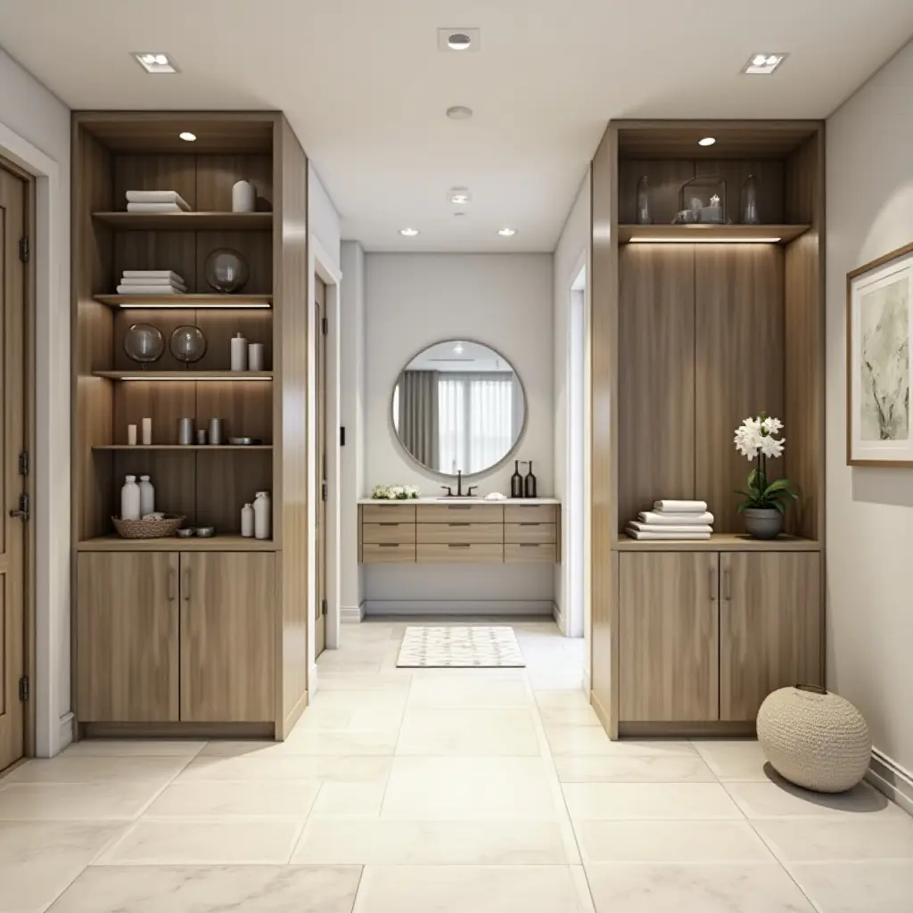 a photo of a spacious entrance hall with built-in shelving and a mirror