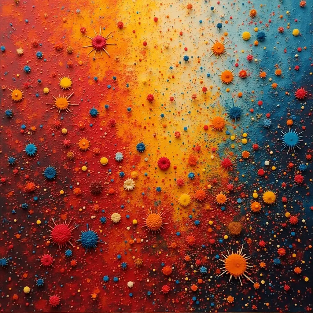 a photo of an abstract art rug with splashes of color