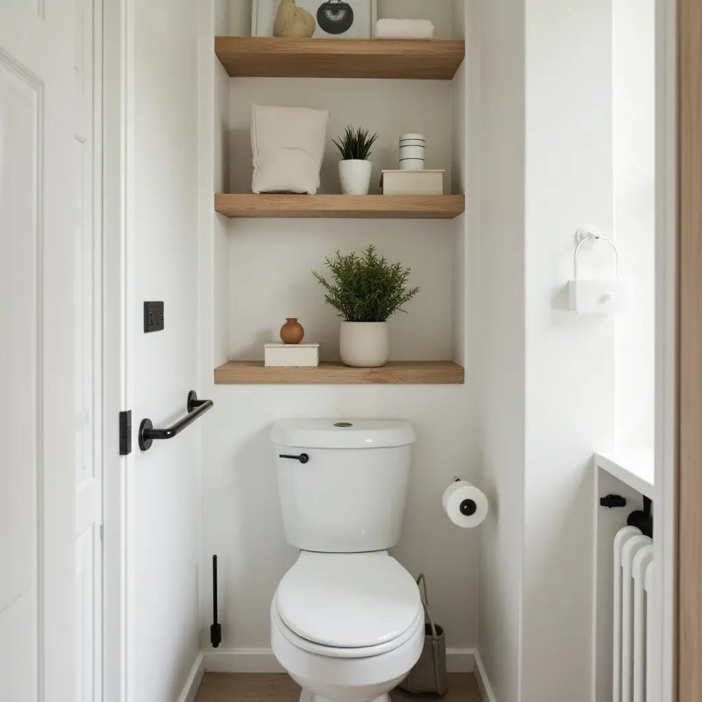 a photo of a small bathroom with a clever corner shelf