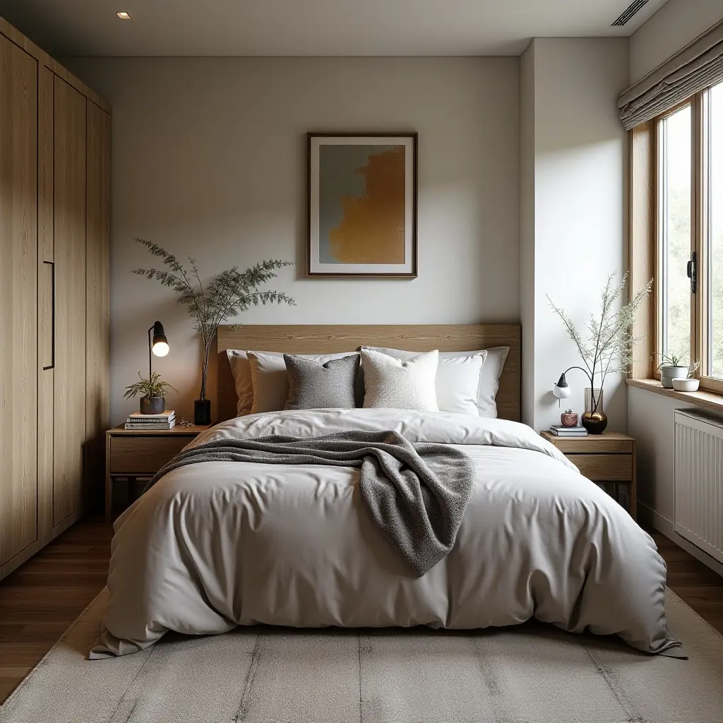 a photo of a cozy teen bedroom featuring mixed fabric, wood, and metal elements