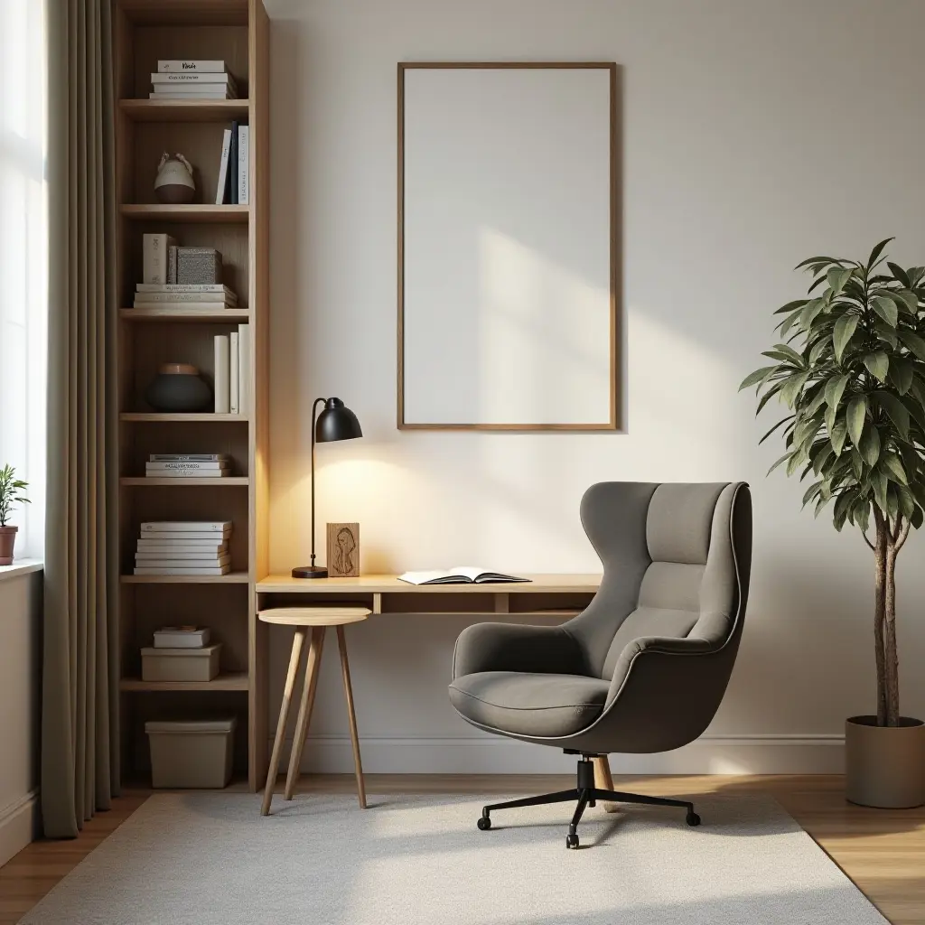 a photo of a study area with a large, comfortable chair