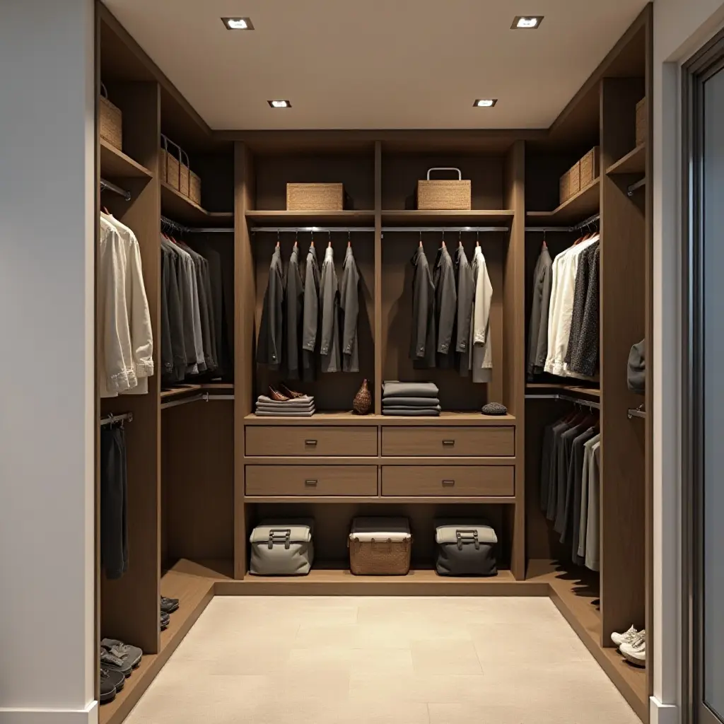 a photo of a basement closet with stylish shelving for clothing