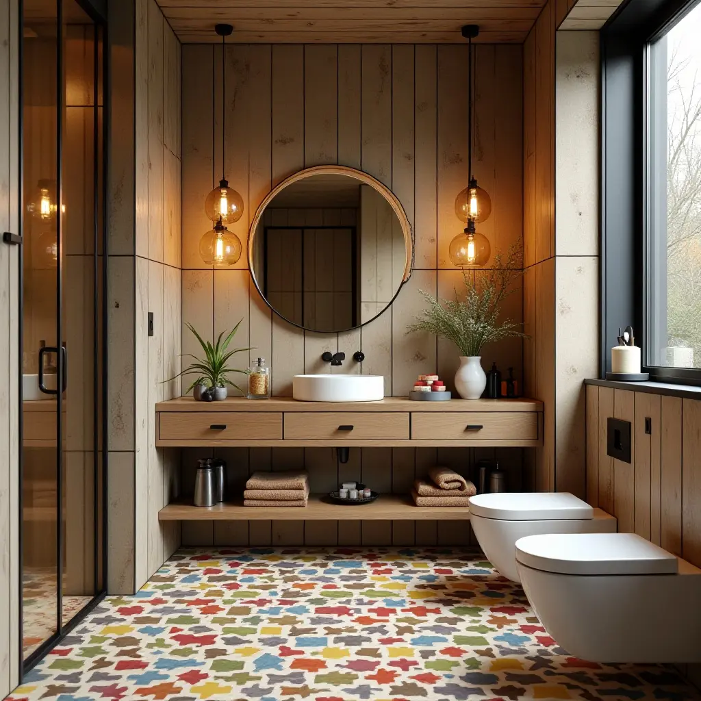 a photo of a vibrant bathroom design incorporating colorful tiles, rustic wood, and modern metal