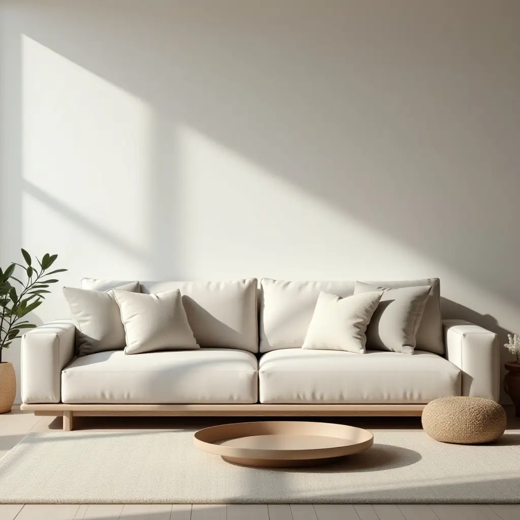 a photo of a zen-inspired living room with minimalist throw pillows on a low couch