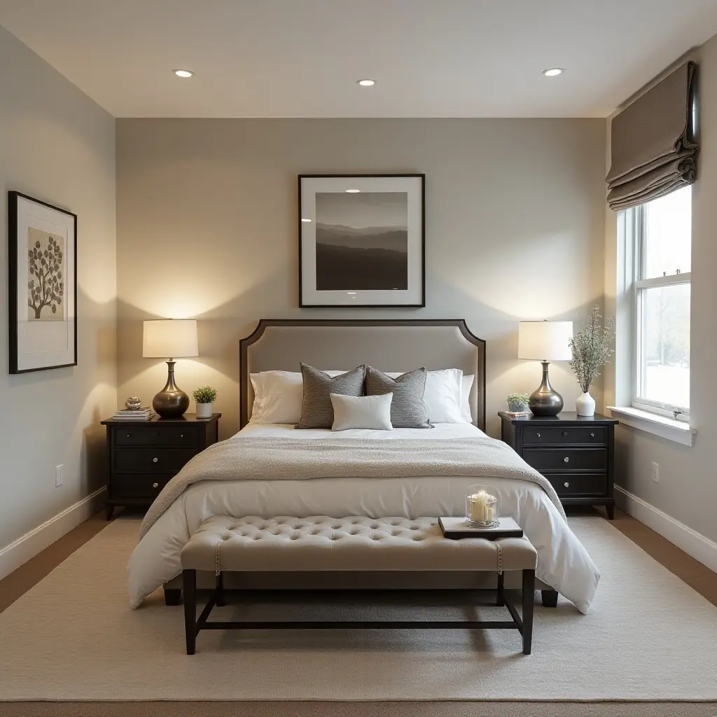 a photo of a trendy basement guest room with decor ideas