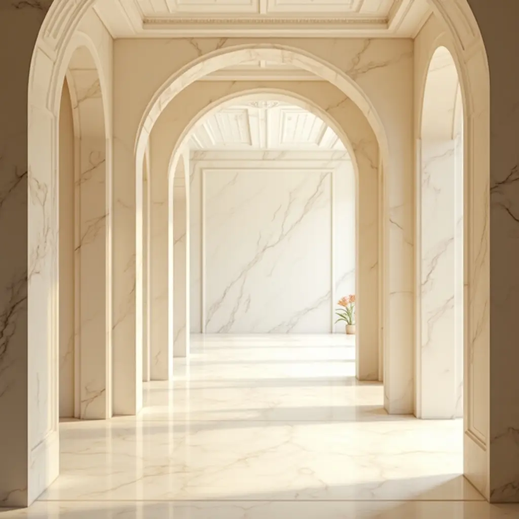 a photo of a bright entrance featuring geometric patterns and light colors