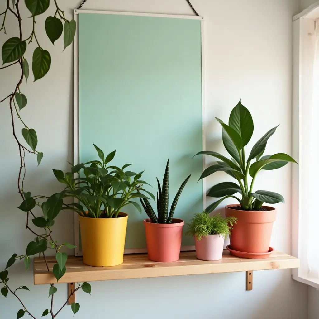a photo of a colorful plant shelf in a teen's room