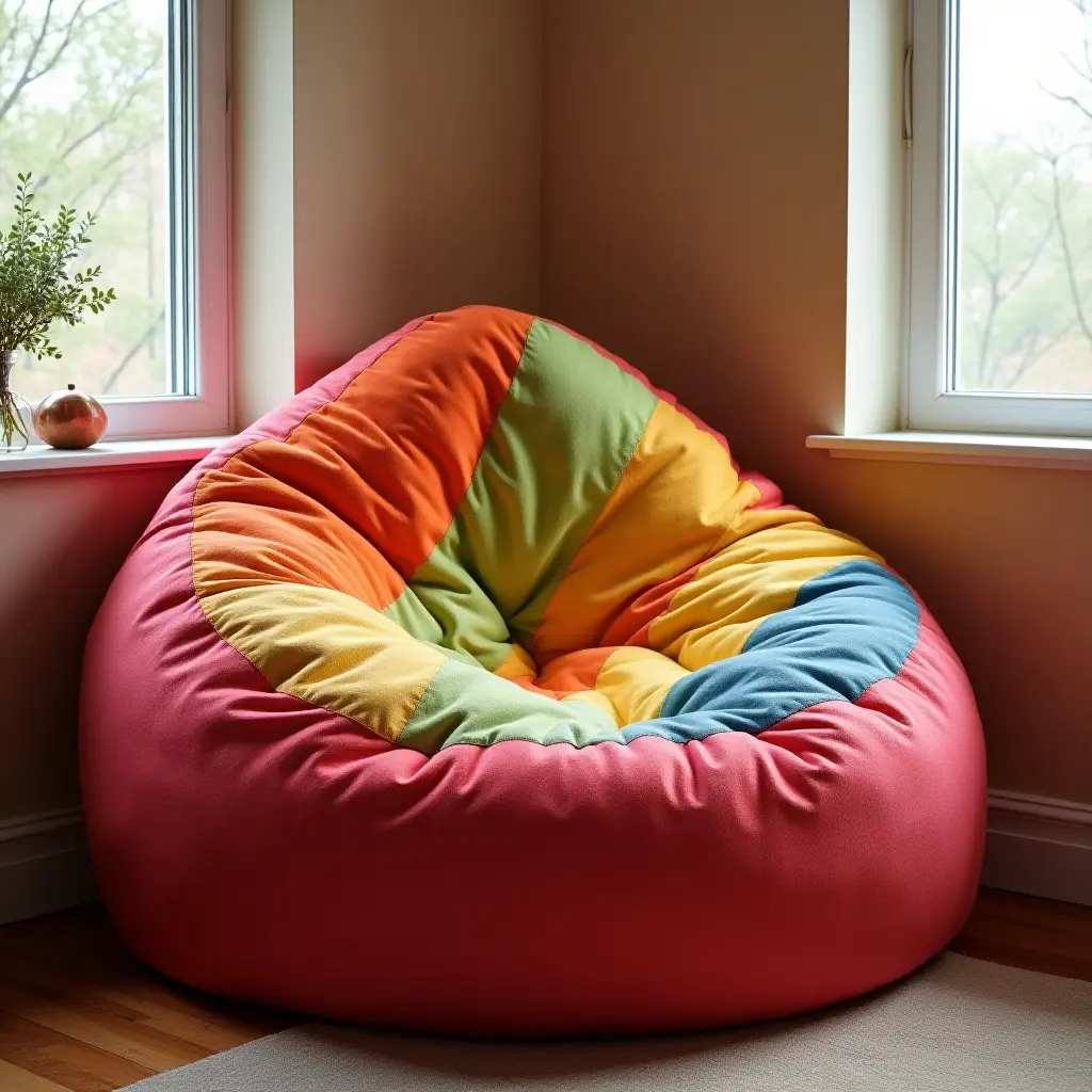 a photo of a vibrant oversized bean bag chair in a cozy corner