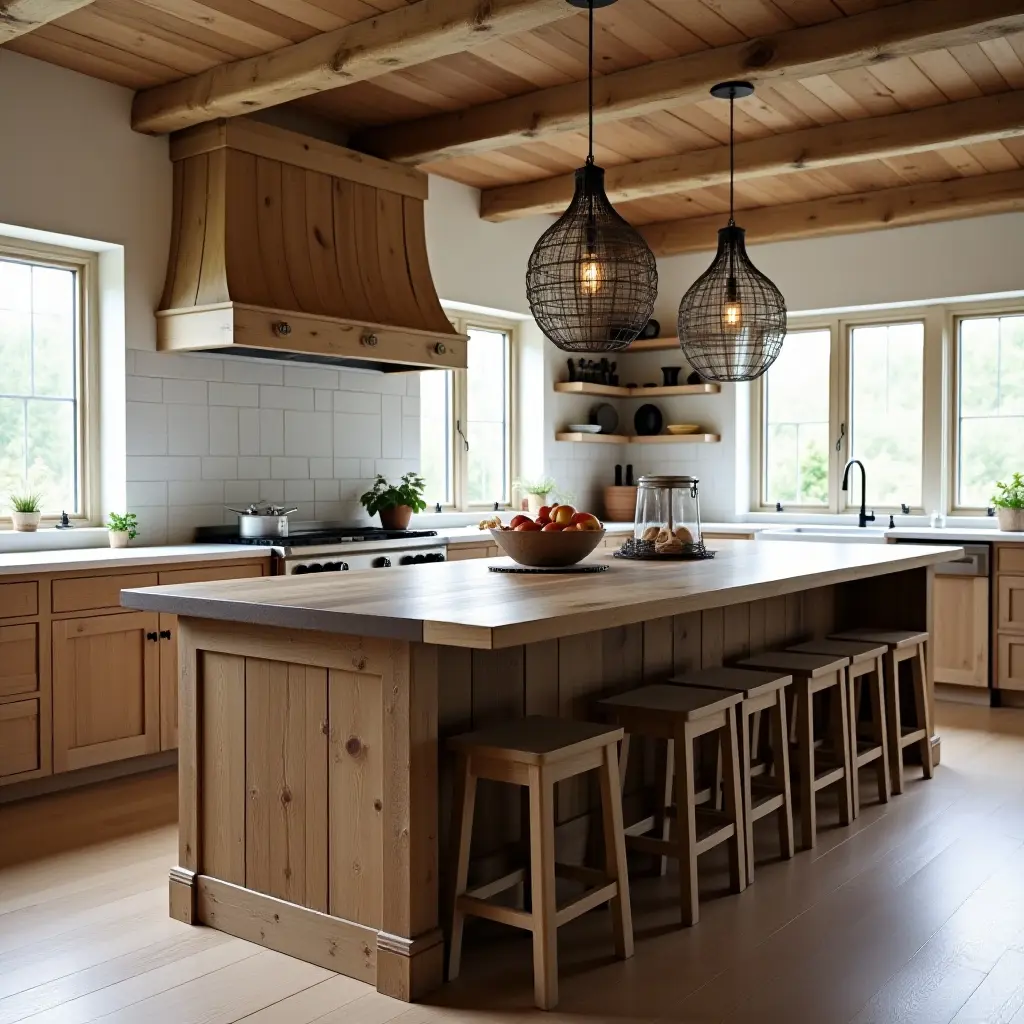 a photo of a rustic kitchen island made from barn wood with stools