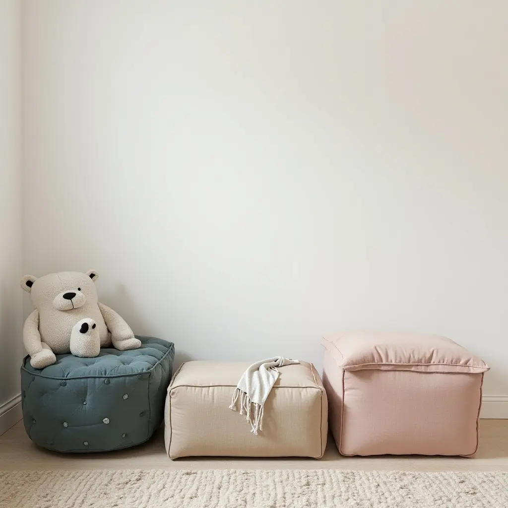 a photo of a kid's room with stylish storage ottomans