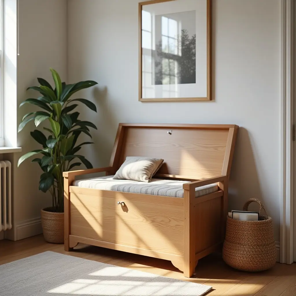 a photo of a wooden toy chest in a stylish teen's bedroom