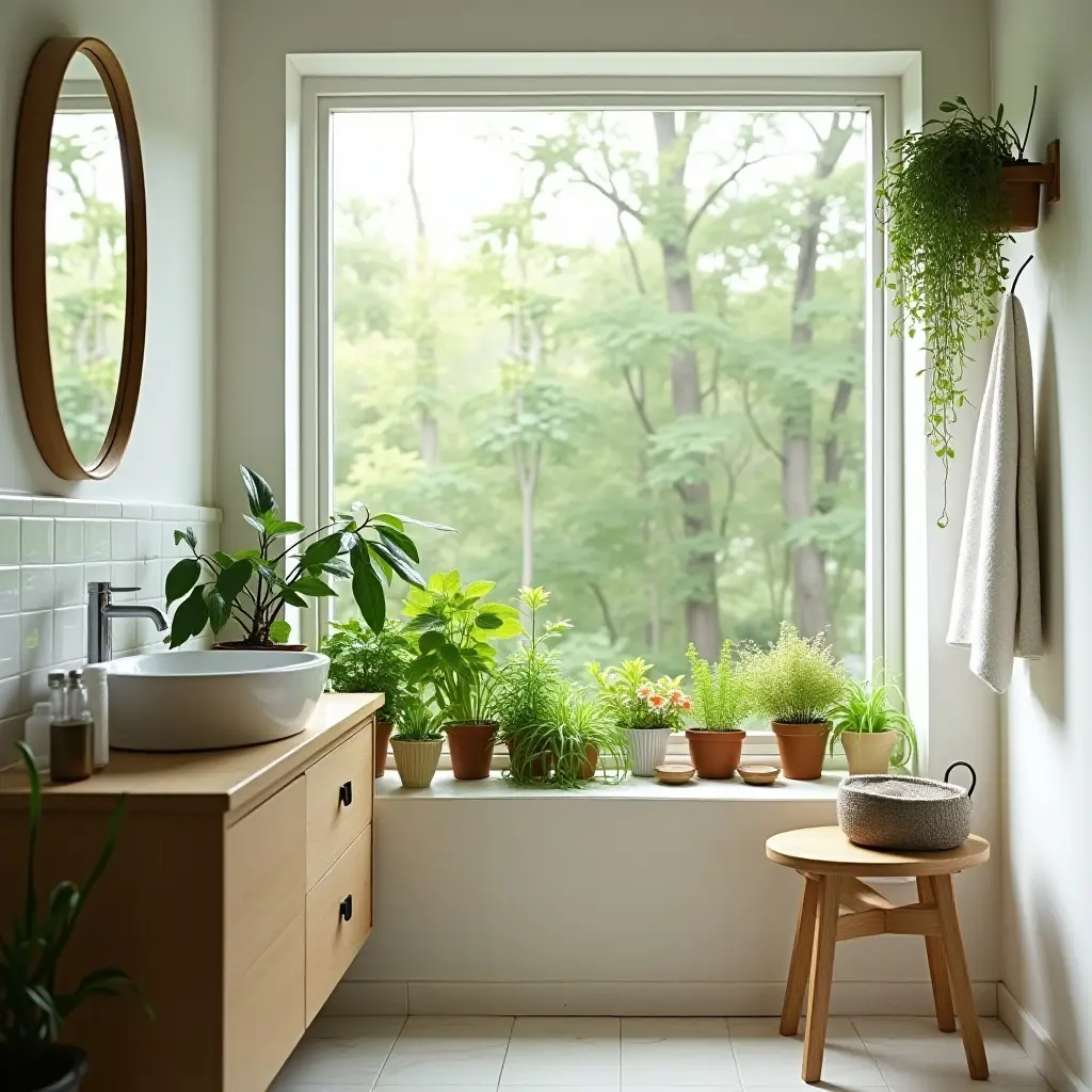 a photo of a bright bathroom with a window garden of herbs
