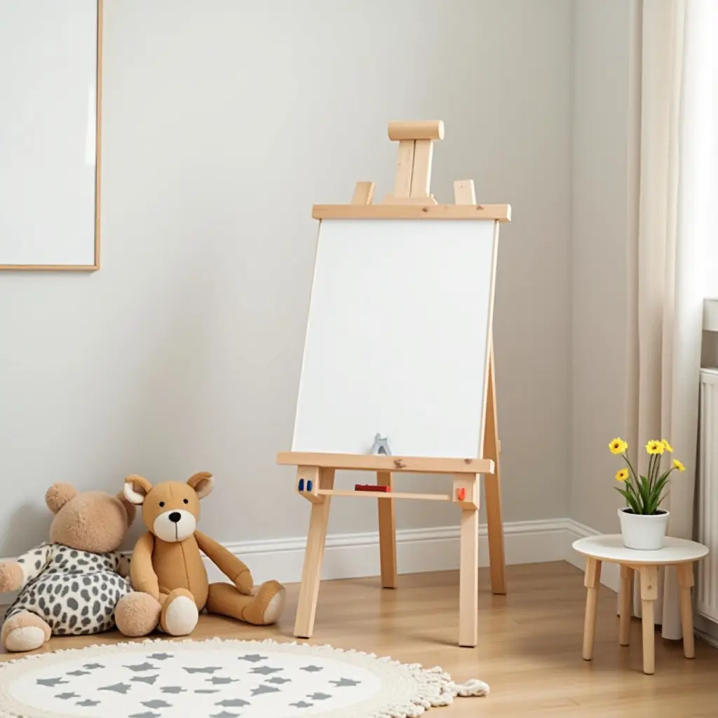 a photo of a creative kids' room with a wooden art easel