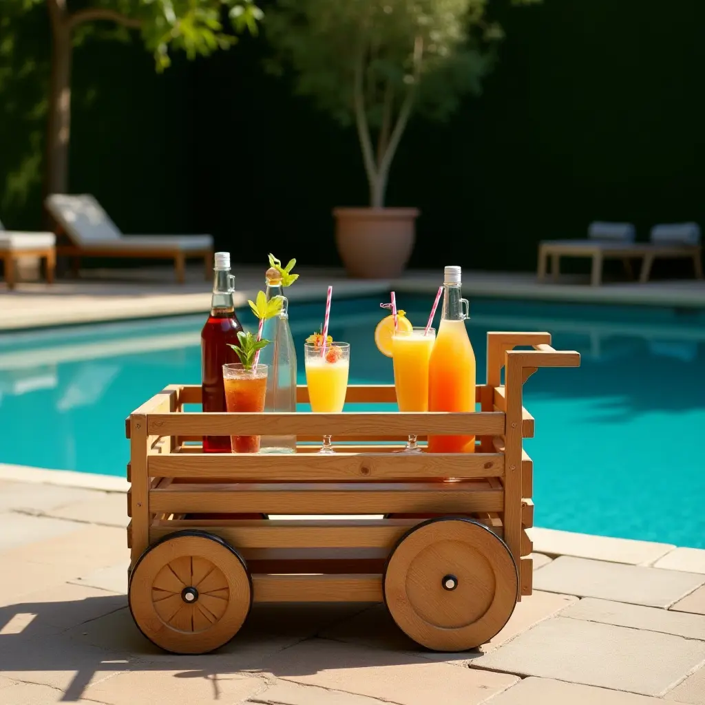a photo of a wooden bar cart filled with drinks by the pool