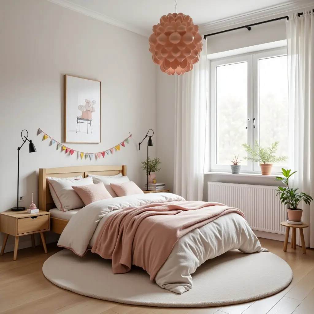 a photo of a chic kids' bedroom with Scandinavian style and a fun color scheme