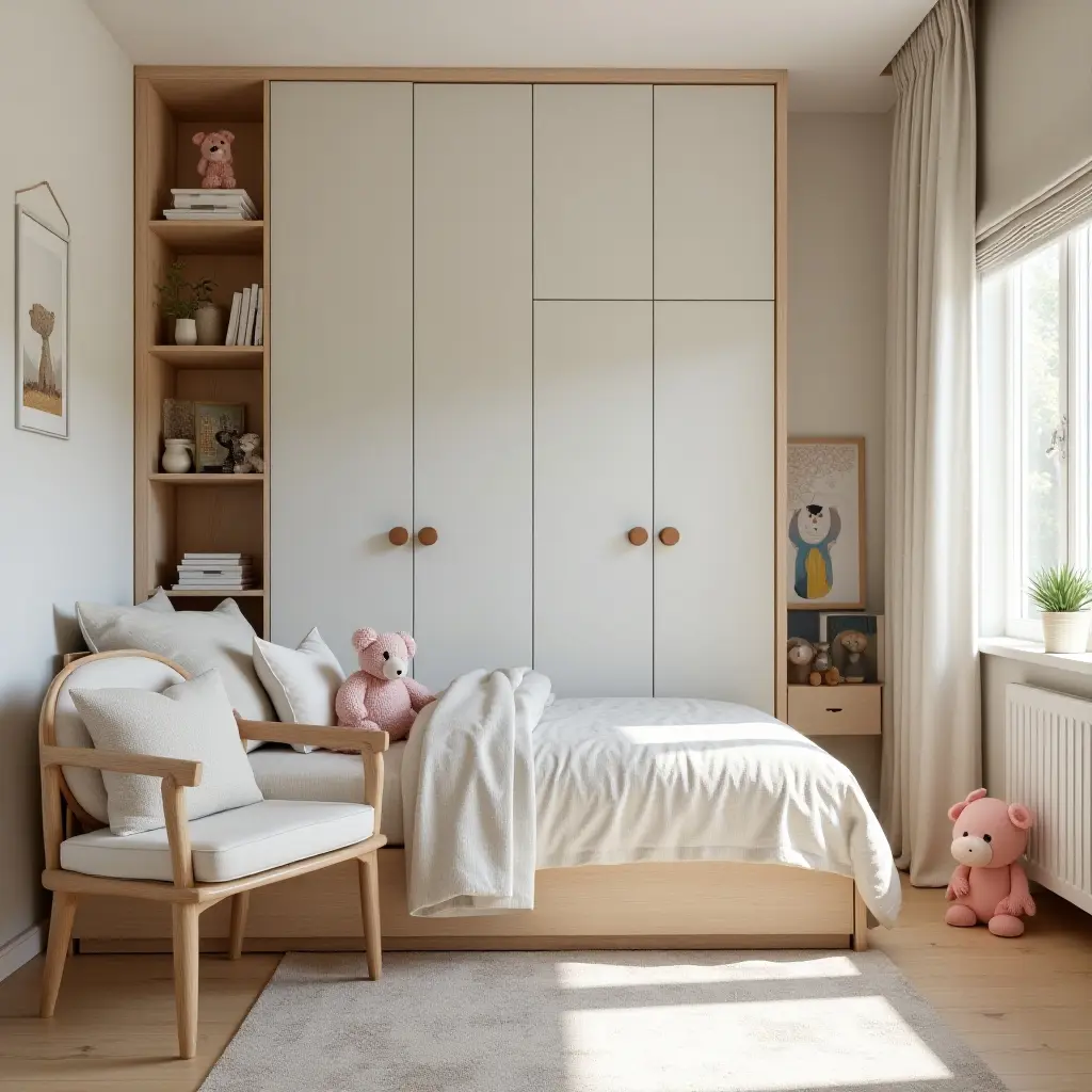 a photo of a charming kids' bedroom with a reading nook