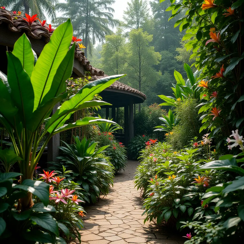a photo of a lush garden filled with tropical plants and flowers