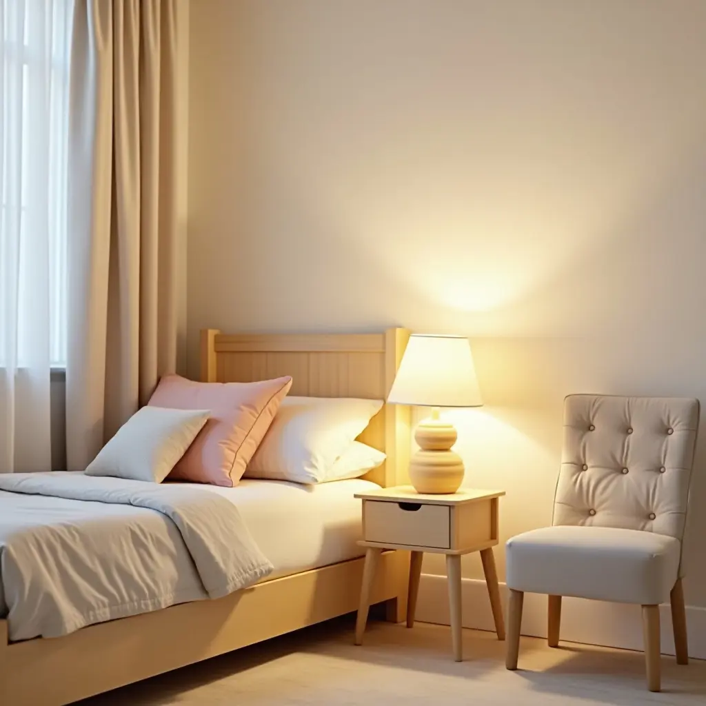 a photo of a bright kids' bedroom with a wooden bedside lamp