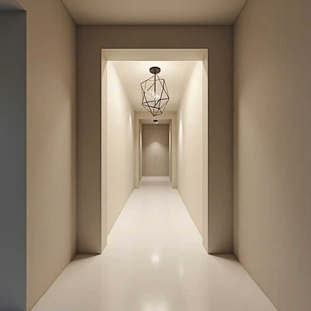 a photo of a minimalist corridor with geometric pendant lighting