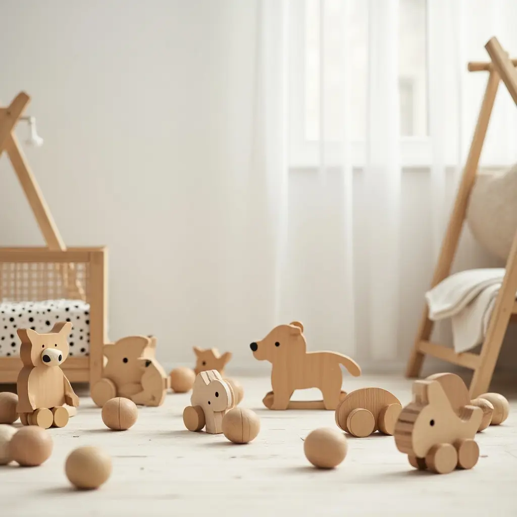 a photo of a nursery with wooden toys scattered on the floor