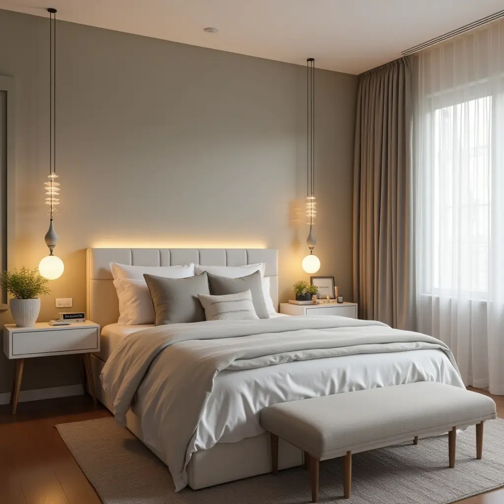 a photo of a chic pendant light in a sophisticated, elegant children's bedroom