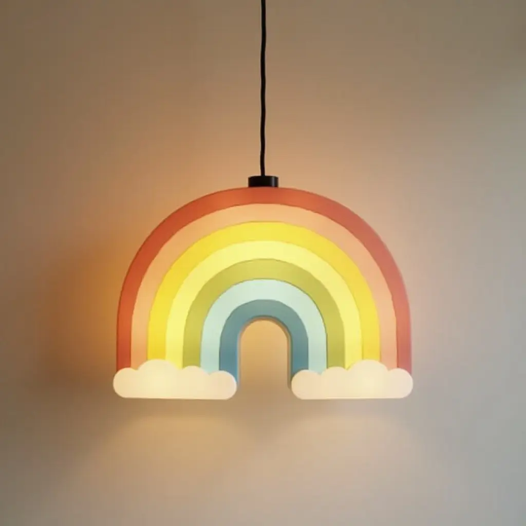 a photo of a pendant light with a rainbow design in a cheerful kids' room