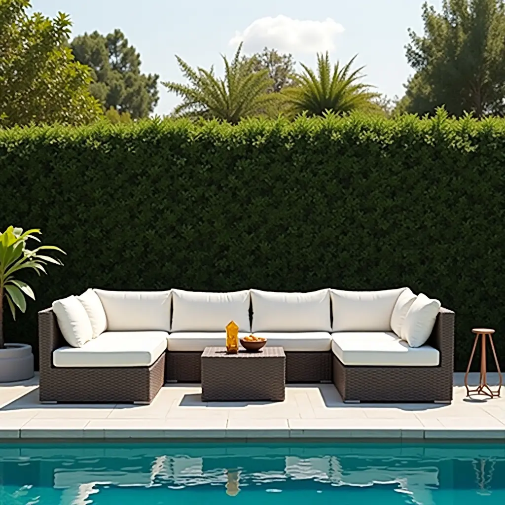 a photo of a stylish outdoor sectional sofa by the pool